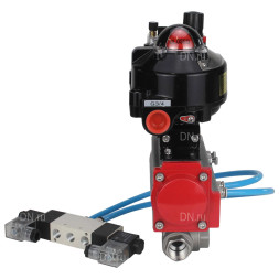 Кран шаровой BV3232P(4pc)-SP-3WL-T-ISO-H 3/4″ Ду20 Ру63 стандартнопроходной трехходовой L-тип, нержавеющая сталь SS316, внутренняя резьба, PTFE, с пн.приводом PA-DA-052 пн.распределителем 4V320-10 AC220V БПВ AFC2000 БКВ APL-510N-EX