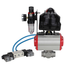 Кран шаровой BV3232P(4pc)-SP-3WL-T-ISO-H 3/4″ Ду20 Ру63 стандартнопроходной трехходовой L-тип, нержавеющая сталь SS316, внутренняя резьба, PTFE, с пн.приводом PA-DA-052 пн.распределителем 4V320-10 AC220V БПВ AFC2000 БКВ APL-510N-EX