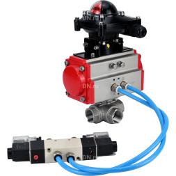 Кран шаровой BV3232P(4pc)-SP-3WL-T-ISO-H Ду32 Ру63, стандартнопроходной, четырехсоставной, корпус - нержавеющая сталь 316, уплотнение - PTFE, внутренняя резьба, с пневмоприводом PA-SA-065, пневмораспределителем 4V320-08 AC220V, БКВ APL-210N