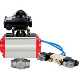Кран шаровой BV3232P(4pc)-SP-3WL-T-ISO-H Ду32 Ру63, стандартнопроходной, четырехсоставной, корпус - нержавеющая сталь 316, уплотнение - PTFE, внутренняя резьба, с пневмоприводом PA-SA-065, пневмораспределителем 4V320-08 AC220V, БКВ APL-210N