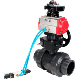 Кран шаровой BV4242E-FP-GRM-ISO Дн80 Ру10 полнопроходной, корпус - НПВХ, шар - НПВХ, уплотнение - EPDM, с пневмоприводом PA-DA-065, пневмораспределителем 4V320-08 AC220V, ручным дублером MON1-250-T26-ISO и БКВ APL-210N