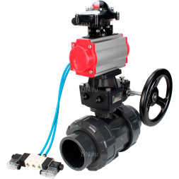 Кран шаровой BV4242E-FP-GRM-ISO Дн80 Ру10 полнопроходной, корпус - НПВХ, шар - НПВХ, уплотнение - EPDM, с пневмоприводом PA-DA-065, пневмораспределителем 4V320-08 AC220V, ручным дублером MON1-250-T26-ISO и БКВ APL-210N