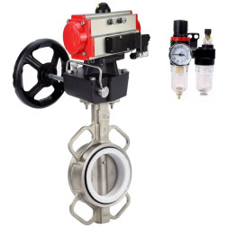 Затвор дисковый поворотный WBV3232P-2W-Fb-H Ду300 Ру16, нержавеющая сталь 316L, уплотнение - PTFE, с пневмоприводом PA-DA-160, с пневмораспределителем 4V320-08 AC220V, ручным дублером MON4-1200-T54-ISO, БПВ AFC2000