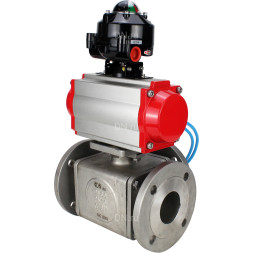Кран шаровой BV3232P(4pc)-FP-3WL-F Ду40 Ру16 полнопроходной трехходовой, фланцевый, корпус - нержавеющая сталь SS316, с пневмоприводом PA-SA-105 с возвратными пружинами, пневмораспределителем 4V320-10 AC220V и БКВ APL-510N EX