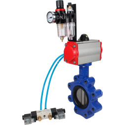 Затвор дисковый поворотный WBV1631E-2W-Fb-H Ду150 Ру16 LUG, корпус - чугун QT450, диск - нержавеющая сталь 304, уплотнение - EPDM, с пневмоприводом PA-SA-160, пневмораспределителем 4M320-10 AC220V и БПВ AFC2000