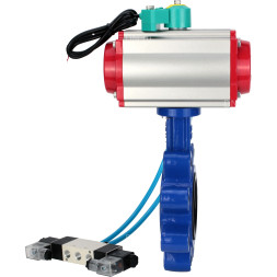 Затвор дисковый поворотный WBV1631E-2W-Fb-H Ду125 Ру16 LUG корпус - чугун QT450, диск - нержавеющая сталь 304, уплотнение - EPDM, с пневмоприводом PA-DA-105, пневмораспределителем 4V320-10 AC220V и магнитным переключателем ALS200D