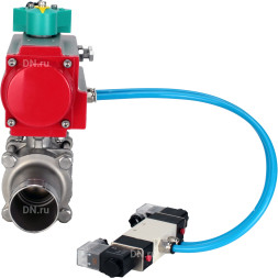 Кран шаровой BV3131P(3pc)-FP-W-ISO-H LONG Ду25 Ру63 полнопроходной, корпус - нержавеющая сталь 304, уплотнение - PTFE, под приварку, с пневмоприводом PA-DA-083, пневмораспределителем 4V320-08 AC220V и магнитным переключателем ALS200D