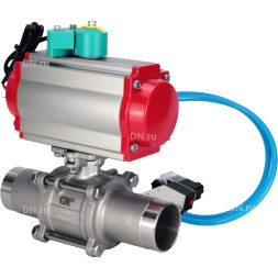 Кран шаровой BV3131P(3pc)-FP-W-ISO-H LONG Ду25 Ру63 полнопроходной, корпус - нержавеющая сталь 304, уплотнение - PTFE, под приварку, с пневмоприводом PA-DA-083, пневмораспределителем 4V320-08 AC220V и магнитным переключателем ALS200D