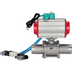 Кран шаровой BV3131P(3pc)-FP-W-ISO-H LONG Ду25 Ру63 полнопроходной, корпус - нержавеющая сталь 304, уплотнение - PTFE, под приварку, с пневмоприводом PA-DA-083, пневмораспределителем 4V320-08 AC220V и магнитным переключателем ALS200D