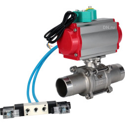 Кран шаровой BV3131P(3pc)-FP-W-ISO-H LONG Ду25 Ру63 полнопроходной, корпус - нержавеющая сталь 304, уплотнение - PTFE, под приварку, с пневмоприводом PA-DA-083, пневмораспределителем 4V320-08 AC220V и магнитным переключателем ALS200D