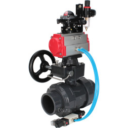 Кран шаровой BV4242E-FP-GRM-ISO Дн80 Ру10 полнопроходной, корпус - НПВХ, шар - НПВХ, уплотнение - EPDM, с пневмоприводом PA-DA-065, пневмораспределителем 4V320-08 AC220V, ручным дублером MON1-250-T26-ISO, БКВ APL-210N и БПВ AFC2000