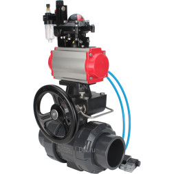 Кран шаровой BV4242E-FP-GRM-ISO Дн80 Ру10 полнопроходной, корпус - НПВХ, шар - НПВХ, уплотнение - EPDM, с пневмоприводом PA-DA-065, пневмораспределителем 4V320-08 AC220V, ручным дублером MON1-250-T26-ISO, БКВ APL-210N и БПВ AFC2000