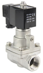 Клапан электромагнитный VS1031-PT-NC-220VAC 1″ Ду25 Ру16 соленоидный двухходовой поршневой, резьбовой, корпус - нержавеющая сталь AISI 304, уплотнение - PTFE, пилотного действия, нормально закрытый, катушка - 220В AC