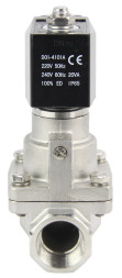 Клапан электромагнитный VS1031-PT-NC-220VAC 1″ Ду25 Ру16 соленоидный двухходовой поршневой, резьбовой, корпус - нержавеющая сталь AISI 304, уплотнение - PTFE, пилотного действия, нормально закрытый, катушка - 220В AC