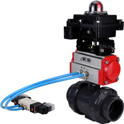 Кран шаровой BV4242E-FP-GRM-ISO Дн20 Ру10 полнопроходной, корпус - НПВХ, шар - НПВХ, уплотнение - EPDM, с пневмоприводом PA-DA-052, пневмораспределителем 4V320-10 AC220V и БКВ APL-410N EX