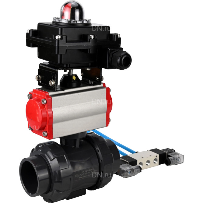 Кран шаровой BV4242E-FP-GRM-ISO Дн20 Ру10 полнопроходной, корпус - НПВХ, шар - НПВХ, уплотнение - EPDM, с пневмоприводом PA-DA-052, пневмораспределителем 4V320-10 AC220V и БКВ APL-410N EX в Сургуте