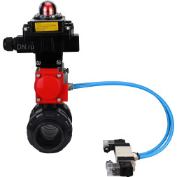 Кран шаровой BV4242E-FP-GRM-ISO Дн20 Ру10 полнопроходной, корпус - НПВХ, шар - НПВХ, уплотнение - EPDM, с пневмоприводом PA-DA-052, пневмораспределителем 4V320-10 AC220V и БКВ APL-410N EX
