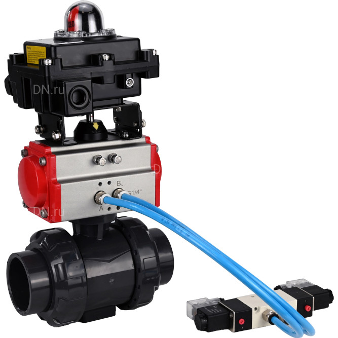 Кран шаровой BV4242E-FP-GRM-ISO Дн20 Ру10 полнопроходной, корпус - НПВХ, шар - НПВХ, уплотнение - EPDM, с пневмоприводом PA-DA-052, пневмораспределителем 4V320-10 AC220V и БКВ APL-410N EX в Сургуте