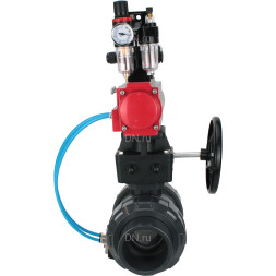 Кран шаровой BV4242E-FP-GRM-ISO Дн25 Ру10 полнопроходной, корпус - НПВХ, шар - НПВХ, уплотнение - EPDM, с пневмоприводом PA-DA-052, пневмораспределителем 4V320-10 AC220V, ручным дублером MON1-250-T26-ISO, БКВ APL-210N и БПВ AFC2000