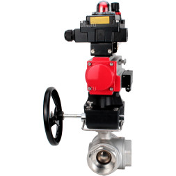 Кран шаровой BV3232P(4pc)-SP-3WL-T-ISO-H Ду65 Ру40 стандартнопроходной 3-ходовой L-тип, нерж.сталь SS316, внутренняя резьба, PTFE, пн.привод PA-DA-083, пн.распределит 4M310-08 DC24V, БКВ APL-410N EX, ручной дублер MON2-450-T28-ISO и БПВ AFC2000