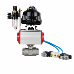 Кран шаровой BV3232P(4pc)-SP-3WT-T-ISO-H WDVF Ду25 Ру63 стандартнопроходной, 3-ходовой Т-тип, внутренняя резьба, нержавеющая сталь AISI 316, PTFE, с пневмоприводом PA-DA-065, пневмораспределителем 4V320-08 AC220V, БКВ APL-510N EX и БПВ AFC2000