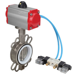 Затвор дисковый поворотный WBV3131P-2W-Fb-H Ду125 Ру16, корпус - нержавеющая сталь 304, диск - нержавеющая сталь 304, уплотнение - PTFE, с пневмоприводом PA-SA-140 и пневмораспределителем 4V320-10 AC220V