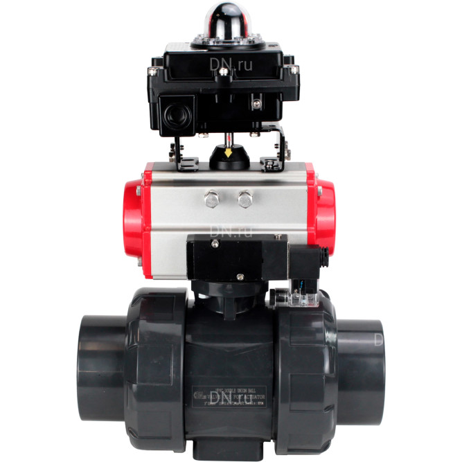 Кран шаровой BV4242E-FP-GRM-ISO Дн25 Ру10 полнопроходной, корпус - НПВХ, шар - НПВХ, уплотнение - EPDM, с пневмоприводом PA-SA-052, пневмораспределителем 4M310-08 AC220V и БКВ APL-410N EX в Сургуте