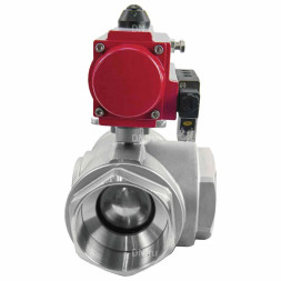 Кран шаровой BV3232P(4pc)-SP-3WL-T-ISO-H Ду32 Ру63 стандартнопроходной L-тип, трехходовой, нержавеющая сталь SS316, внутренняя резьба, уплотнение - PTFE, с пн.приводом PA-DA-052 c пн.распределителем 4M310-08 DC24V