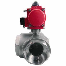 Кран шаровой BV3232P(4pc)-SP-3WL-T-ISO-H Ду32 Ру63 стандартнопроходной L-тип, трехходовой, нержавеющая сталь SS316, внутренняя резьба, уплотнение - PTFE, с пн.приводом PA-DA-052 c пн.распределителем 4M310-08 DC24V