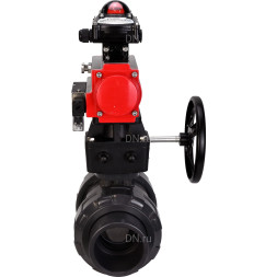 Кран шаровой BV4242E-FP-GRM-ISO Дн25 Ру10 полнопроходной, корпус - НПВХ, шар - НПВХ, уплотнение - EPDM, с пневмоприводом PA-DA-052, пневмораспределителем 4M310-08 AC220V, ручным дублером MON1-250-T26-ISO и БКВ APL-210N