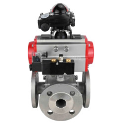 Кран шаровой BV3232P(4pc)-FP-3WL-F Ду80 Ру16 полнопроходной трехходовой, фланцевый, корпус - нержавеющая сталь SS316, с пневмоприводом PA-SA-140 с возвратными пружинами, пневмораспределителем 4M310-08 DC24V и БКВ APL-210N