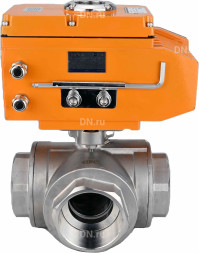 Кран шаровой BV3232P(4pc)-SP-3WT-T-ISO-H Ду32 Ру63 стандартнопроходной T-тип, трехходовой, нержавеющая сталь, внутренняя резьба, уплотнение - PTFE, с эл. приводом E34-N-005EM-O1-220VAC-У1